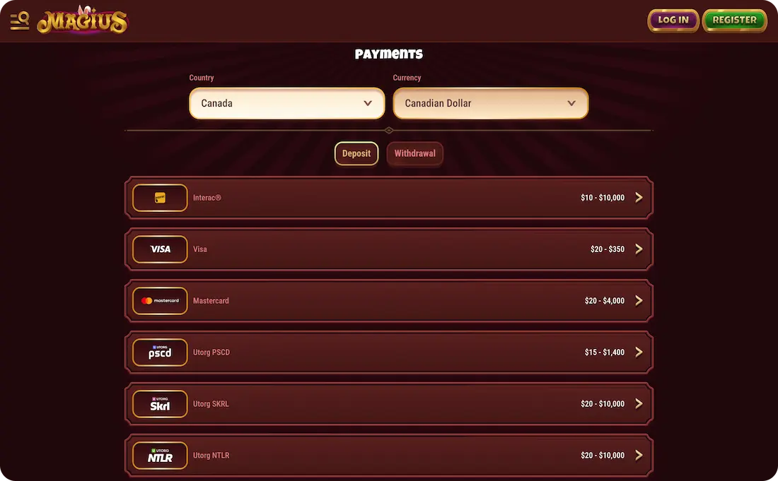 magius casino payments